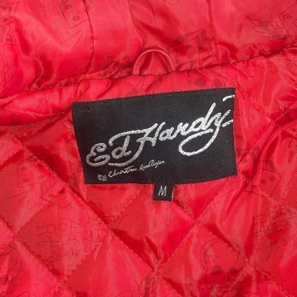 Ed Hardy Leather Jacket Women’s Size Medium Red ‎ Y2K Vintage Hooded Authentic - Picture 8 of 12